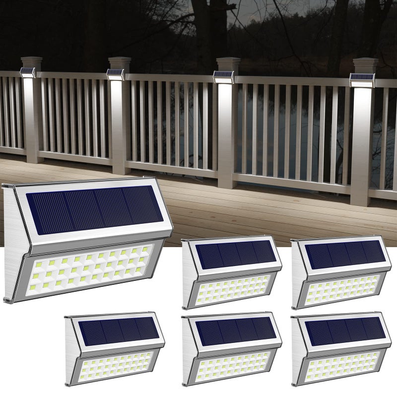 ROSHWEY Solar Lights Outdoor 6 Pack 30 LED Deck Lights Solar Powered Waterproof Outside Stair Light Fence Post Lamp Outdoor Decor for Patio Step Pool Yard Walkway, Cool White Light - Image 1